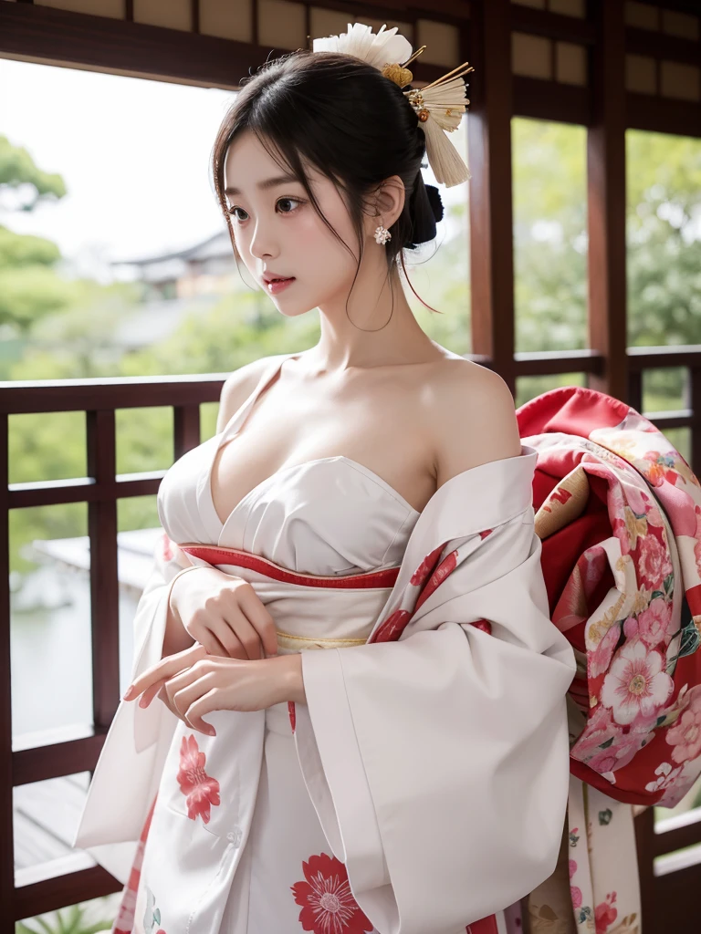 Japanese Beautiful Girl、kimono、Traditional costumes、Clothes falling apart、breast、白いshoulder、White Chest、White skin、squat、Chest、Chestの広くあいた服、shoulder、White Arms、Earrings、青いkimono