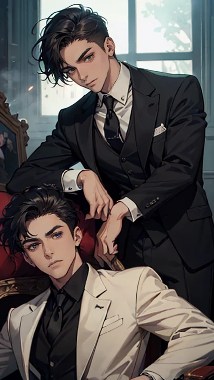 ((One young man with a black suit and tie)), alejandro, (((one side swept dark short neat hair))), ( green eyes and thick eyebrows), ((20 years old)), ((masterpiece)), ((cinematic lighting)), relax look and smirk, waiting for someone