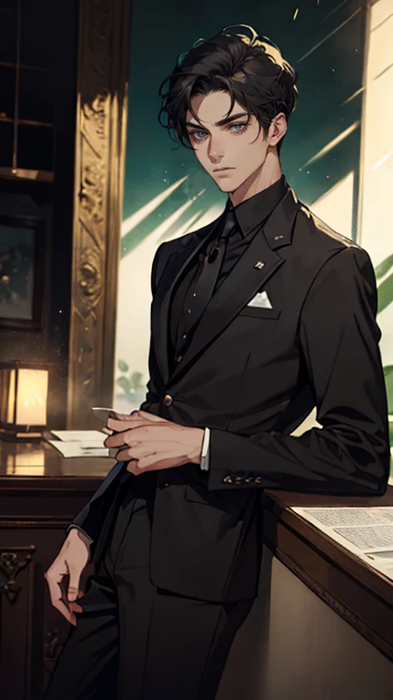 ((One young man with a black suit and tie)), alejandro, (((one side swept dark short neat hair))), ( green eyes and thick eyebrows), ((20 years old)), ((masterpiece)), ((cinematic lighting)), relax look and smirk, waiting for someone