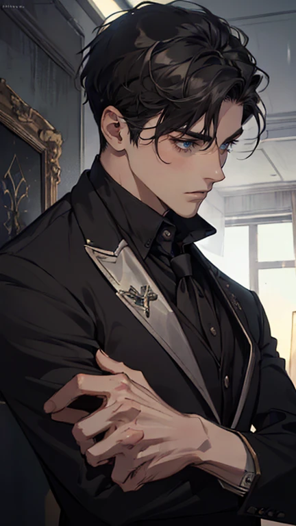 ((One young man with a black suit and tie)), alejandro, (((one side swept dark short neat hair))), ( green eyes and thick eyebrows), ((20 years old)), ((masterpiece)), ((cinematic lighting)), relax look and smirk, waiting for someone