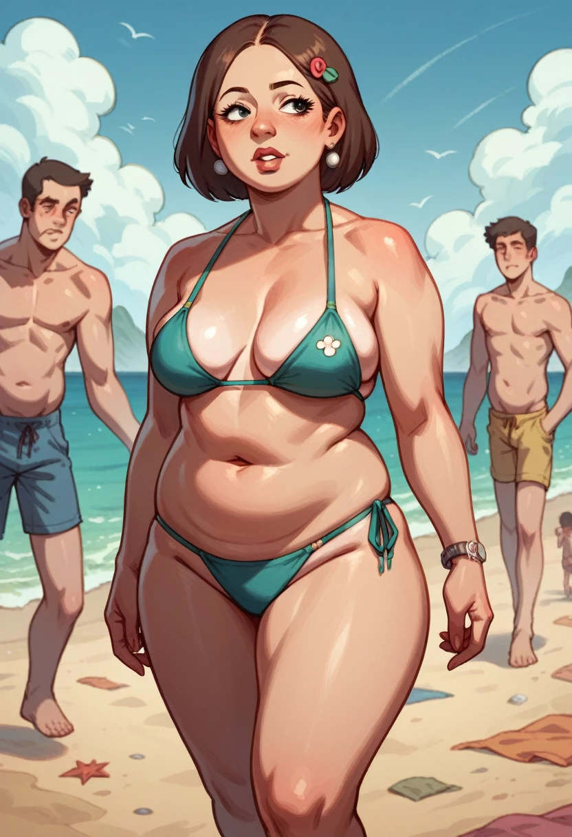 Chubby Meg griffin from family guy, in bikini, walking in the beach, horny expression, with several men watching