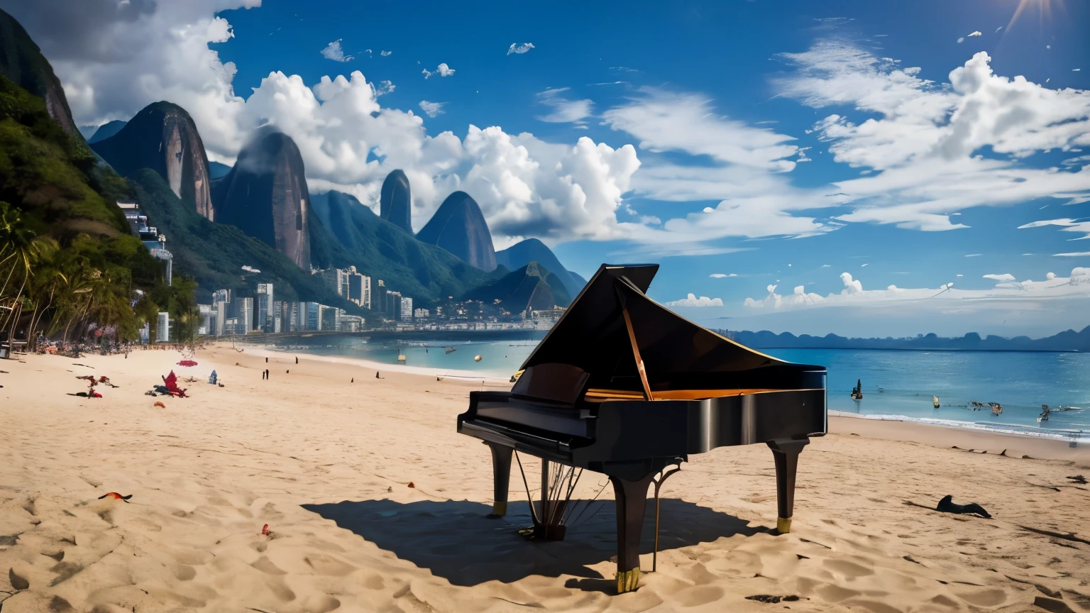 Rio de Janeiro, Copacabana Beach, Piano, viloao, parrot, macaws, coconut palms,