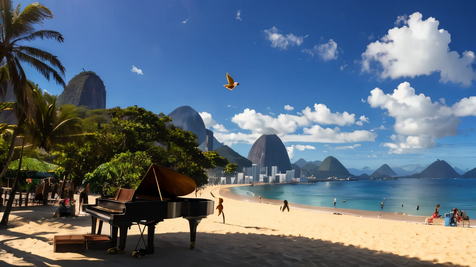 Rio de Janeiro, Copacabana Beach, Piano, viloao, parrot, macaws, coconut palms,
