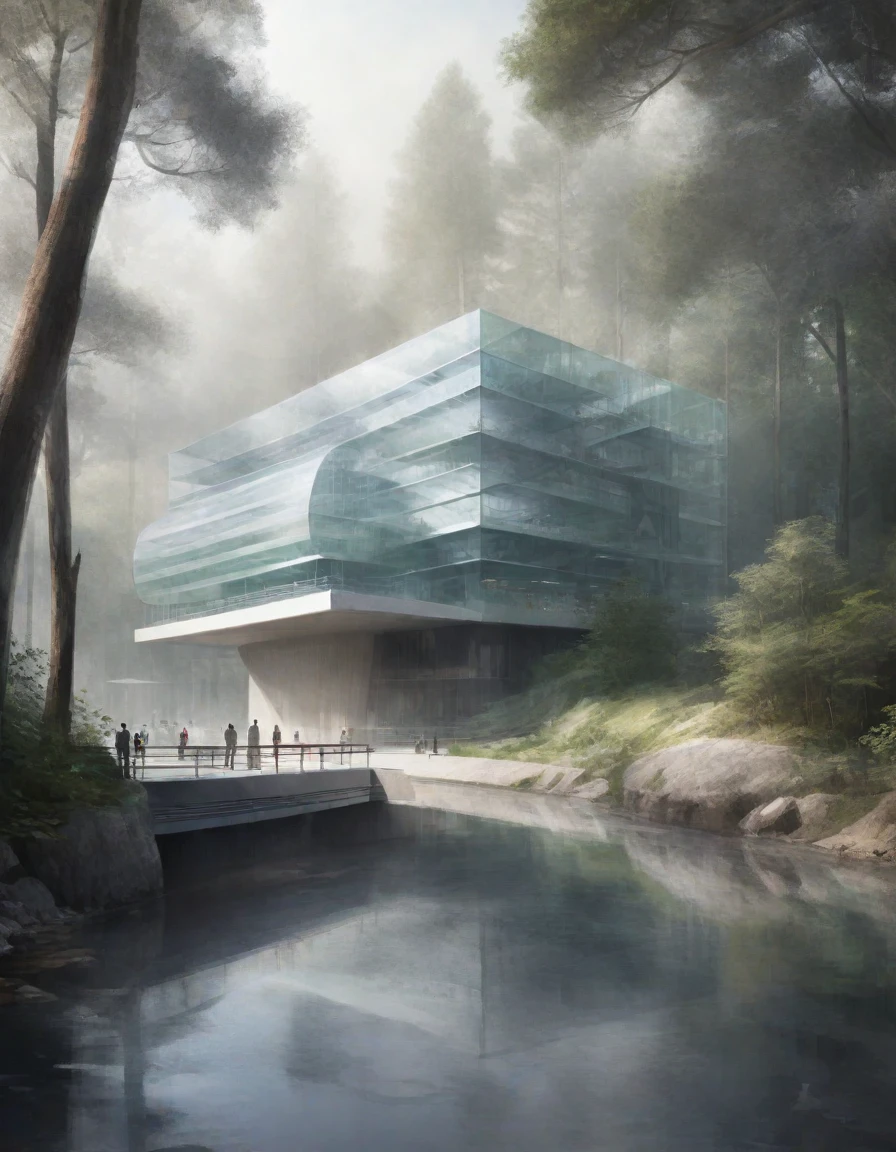 Complex sketch concept futuristic building facade,Corbusier,Glass façade,Museum,In a beautiful forest,river,Fantastic light shines in,In the fog,Asahi,