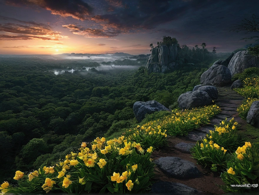 Magnificent view，Forest edge landscape photography Professional high-quality nature digital photography，Spring flowers bushes in the moonlight on a rainy night，precipice，water，Boulders，foggy sky，Traces of rain，Nightmare vision， Dark fantasy plot，Perfect and excellent composition，8K resolution，the detail，Ultra-wide-angle distance shooting，background inside dark，Jack Guzman's environmental art photography，realisticlying，cinematic compositions，Volumetriclighting，A high resolution，vividness, A detailed, Stunning sky,Colorful clouds float，true to life, Pubic area is clear, flawless perfection, Digital SLR, 1024, 2048, 4096, A detailed, Sharp, best qualtiy, high qulity, absurderes，unmanned background，The is very detailed、Detailed lighting shadows，Trends on ArtStation、iintricate、high detal、dramaticidjourney Art（Volumetriclighting：1.2）hdr shot。（Faraway view，Super deep view，ultra-wide-angle，Microfocal length lens：1.2）（realisticlying：1.4）tmasterpiece、high high quality、Beautiful photography、globalillumination、