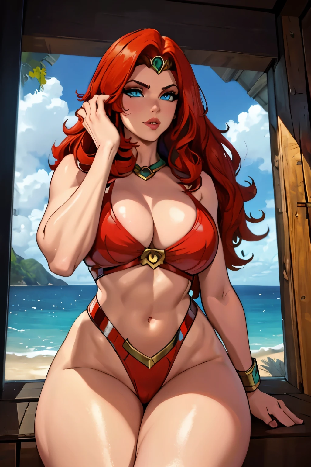 Masters of the Universe Teela, 4K, work of art, high resolution, 3D art style, 1 girl, Red hair, blue colored eyes, kind lips, Slim Hips, breasts big, big-ass, curved, thick-thighs, big buttocks, oily shiny skin, facing at viewer