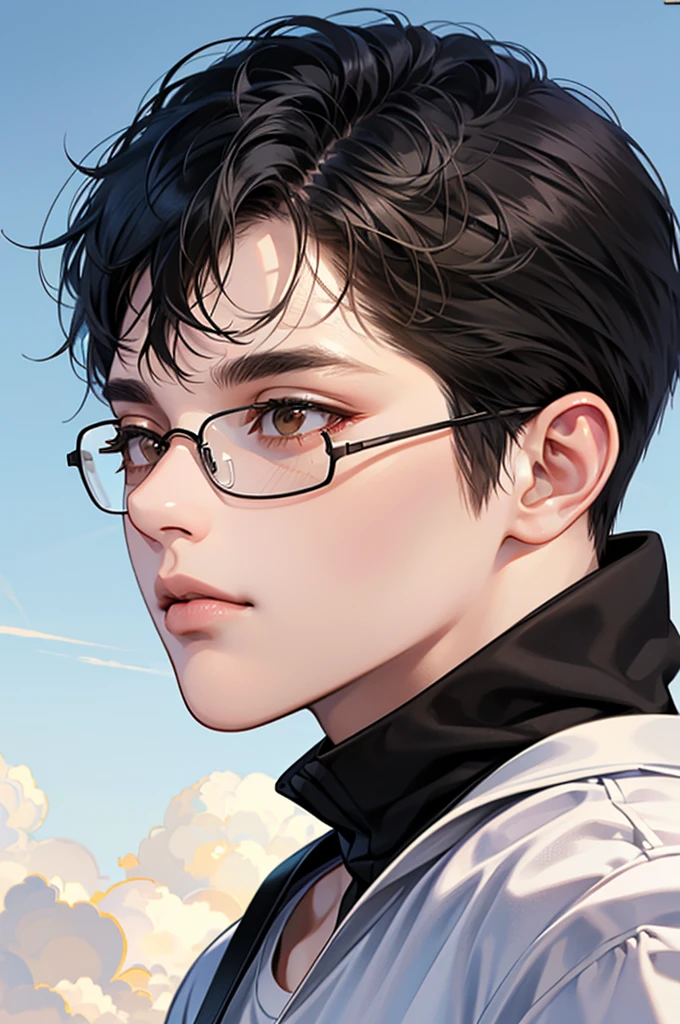 (Absurd, High resolution, Super detailed, Realistic, ), One adult male,mature, alone, Short black hair,  White T-shirt,Brown eyes,  (Glasses)，Gazing at the sky, Sky Background, Super detailed, Highest quality, Detail view, Vectorized, 8k,  graphic design, Vector line, Full HD，whole body