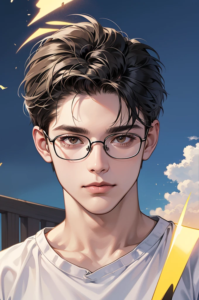 (Absurd, High resolution, Super detailed, Realistic, ), One adult male,mature, alone, Short black hair, White T-shirt,Brown eyes, (Glasses),Gazing at the sky, Sky Background, Super detailed, Highest quality, Detail view, Vectorized, 8k, graphic design, Vector line, Full HD,whole body