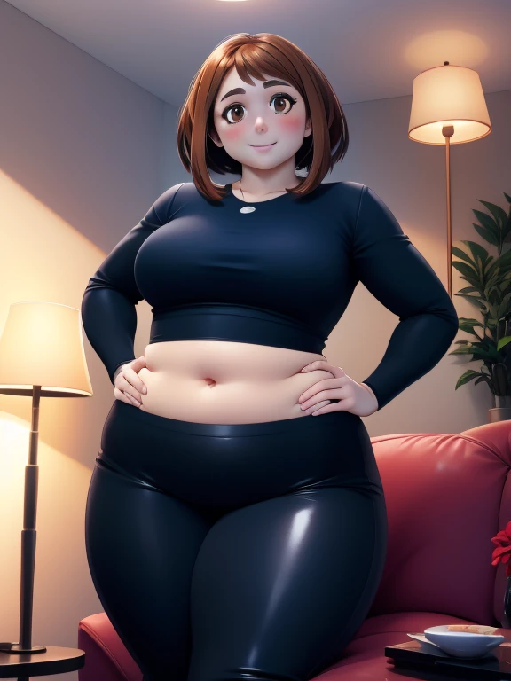 high quality, best quality, beautiful, perfect lighting, detailed face, mature face, ((1girl)), ((solo)), Imagine Ochaco Uraraka as an adult, 45 years old, MILF, plus sized milf, short brown hair, brown eyes, ((blush)), smile, looking at viewer, black leather pants, dark blue shirt, white heels, ((medium breasts)), wide hips, thick thighs, chubby, love handles, muffin-top, round belly, protruding gut, living room, hands on hips,
