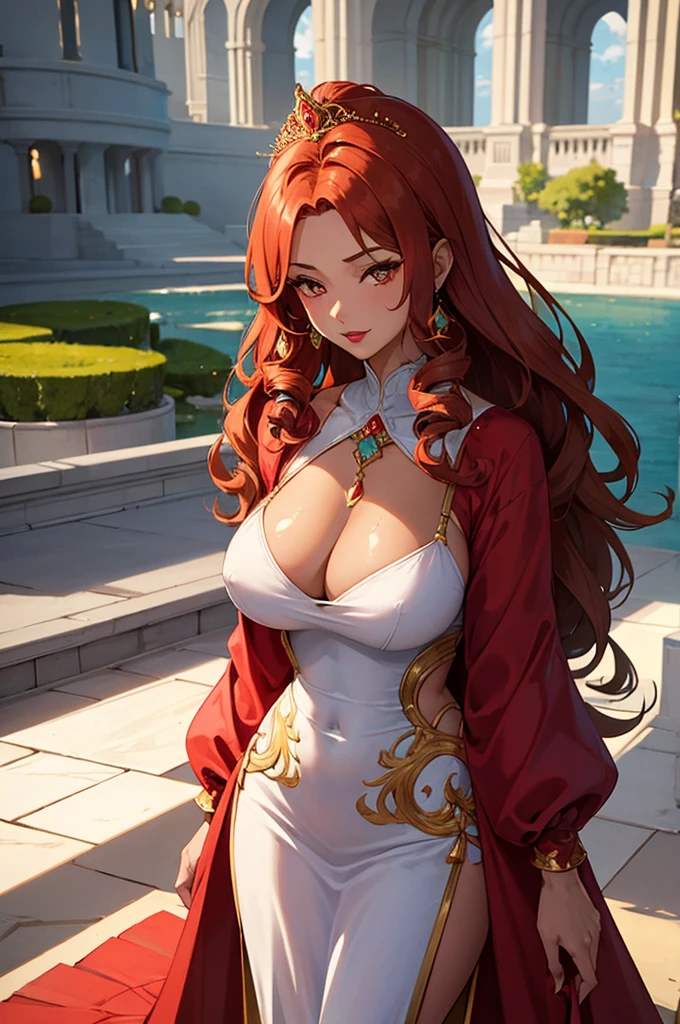 highest quality, ultra high resolution, super detailed, gorgeous, masterpiece, best quality, high resolution finely detailed, extremely beautiful, distinct image, glistening caramel brown skin, piercing golden eyes, curly fiery red hair, slender alluring older woman, 40 years old, elegant long empress dress, (((MILF))), 1 woman, solo, sharp facial features, empress like aura and majesty, symmetrical shaped face, fiery red lips, medium height(174cm), slender and thick, toned body type, Gothic modern city setting
