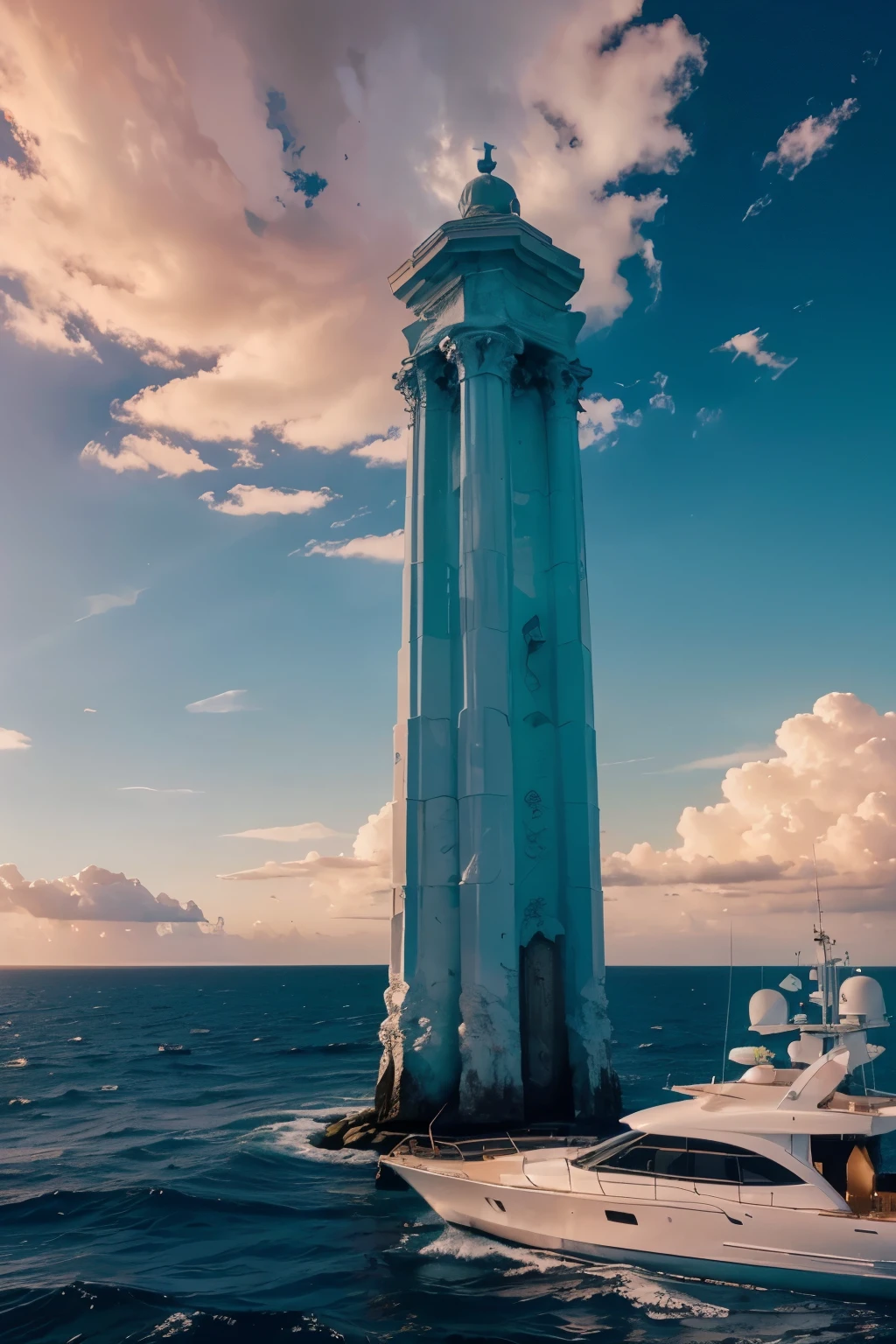 a yacht next to a pillar emerging from the sea made out of glass, colorful sky, ocean, detailed landscape, intricate cloud formations, atmospheric lighting, cinematic composition, photorealistic, 8k, best quality, masterpiece)