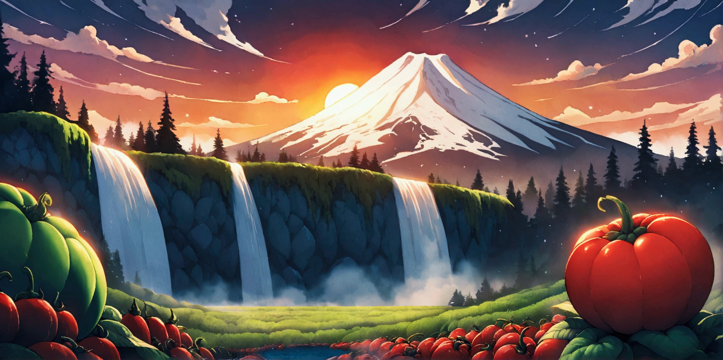 ultra wide landscape flooded with light moebius style, giant Red chilis, large tomato, sun, mt hood, waterfall, forest