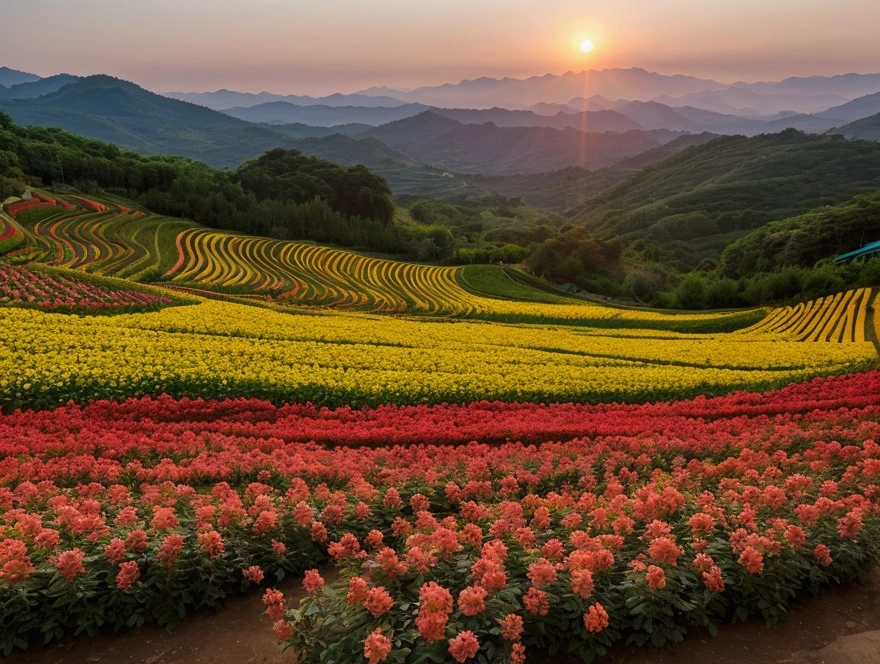 Sunrise scenery mountain,Prospects of flower cultivation,Wide-angle professional photography,ultra hd photography,32K