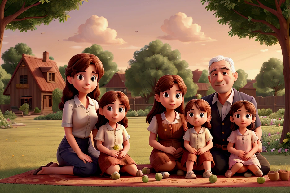 Illustration of a family consisting of a father, mother, and two girls, the eldest and the youngest, sitting on the ground on a beautiful rug, in a garden full of trees.