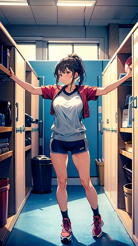 A woman taking off her jersey in the gym storage room, Exhibitionism, 