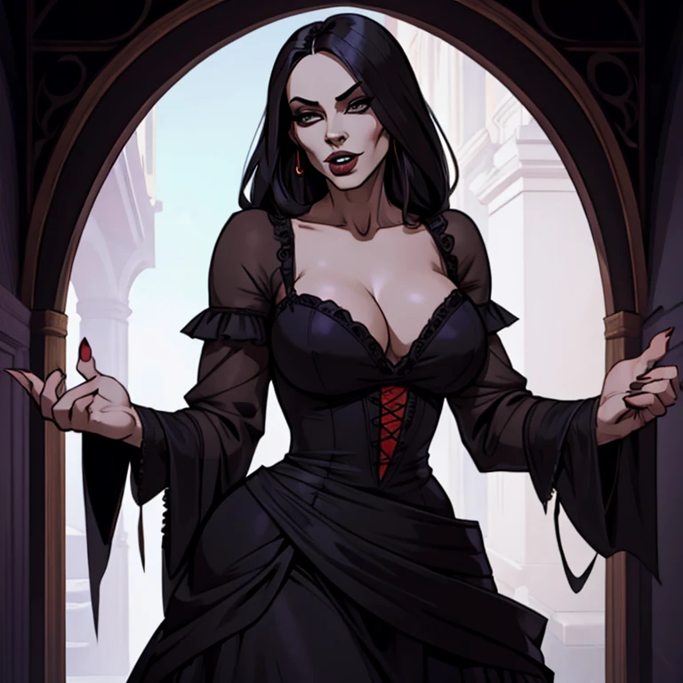 attractive vampiric sorceress, Baroque dress, scary and alluring