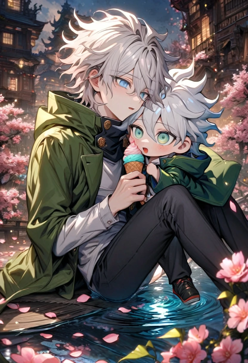 absurdres, highres, ultra detailed, HDR, master piece, Gojou Satoru chibi, white hair with bangs, white eyelashes, expressive blue eyes, Jujutsu Kaisen, Komaeda Nagito chibi, white hair, expressive green eyes, green coat, white shirt, Danganronpa, two boys sitting together, cute, gay couple, yaoi, love, best quality, blossoms, pink petals, pink flowers, fantasy, magical, blue shining fireflies, water, ice cream,
