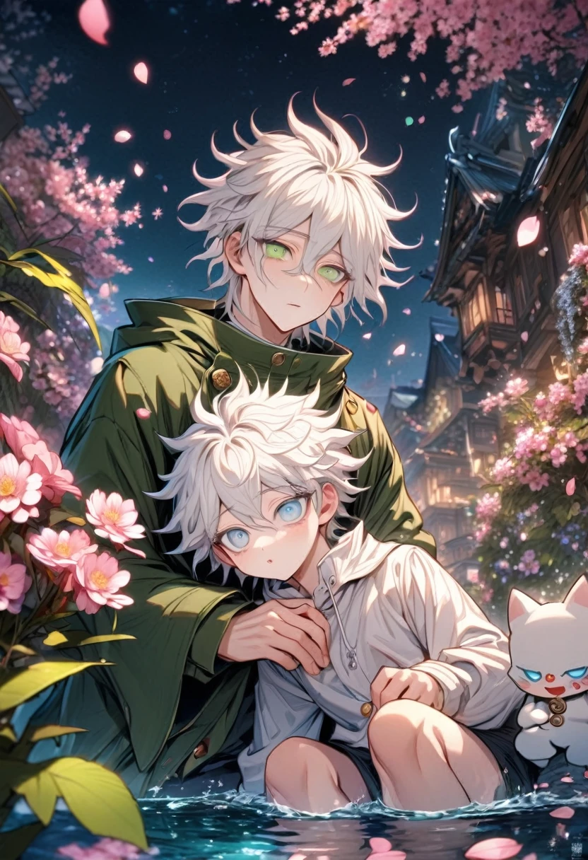 absurdres, highres, ultra detailed, HDR, master piece, Gojou Satoru chibi, white hair with bangs, white eyelashes, expressive blue eyes, Jujutsu Kaisen, Komaeda Nagito chibi, white hair, expressive green eyes, green coat, white shirt, Danganronpa, two boys sitting together, cute, gay couple, yaoi, love, best quality, blossoms, pink petals, pink flowers, fantasy, magical, blue shining fireflies, water, ice cream,