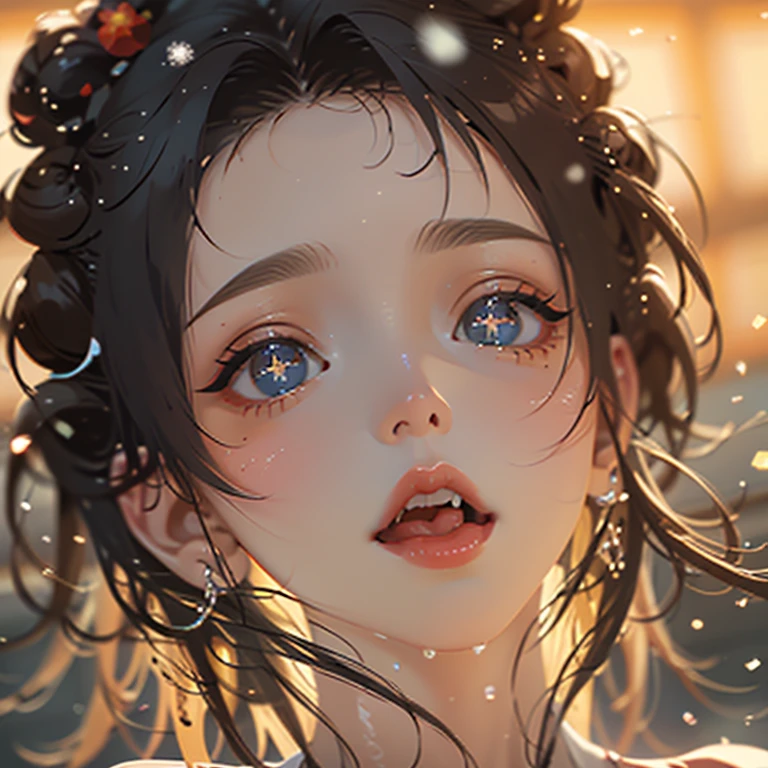 ExtremelyDetailed Kawaii girl Face,(Close-up Sweet lips), glossy lips with beautiful details, Coquettish tongue, Kissing to camera, towards the viewer, 8K TopQuality masterpiece,an extremely delicate and beautiful (ProfessionalPhoto:1.37), {Amazing|finely detail|official art|incredibly absurdres},ultra-detailed close-up shot, close up, (fish eye lens), wide lens, macro lens, Detailed reflective Eyes ElaboratePupils with (sparkling highlights:1.28) (Delicate Voluminous LongEyelashes:0.88), {(Tilted face:1.22)|Visible back of throat|saliva drips|naked shoulder}, (Dripping juice on tongue:1.23) snow particles
