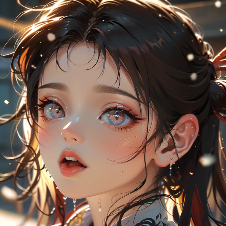ExtremelyDetailed Kawaii girl Face,(Close-up Sweet lips), glossy lips with beautiful details, Coquettish tongue, Kissing to camera, towards the viewer, 8K TopQuality masterpiece,an extremely delicate and beautiful (ProfessionalPhoto:1.37), {Amazing|finely detail|official art|incredibly absurdres},ultra-detailed close-up shot, close up, (fish eye lens), wide lens, macro lens, Detailed reflective Eyes ElaboratePupils with (sparkling highlights:1.28) (Delicate Voluminous LongEyelashes:0.88), {(Tilted face:1.22)|Visible back of throat|saliva drips|naked shoulder}, (Dripping juice on tongue:1.23) snow particles
