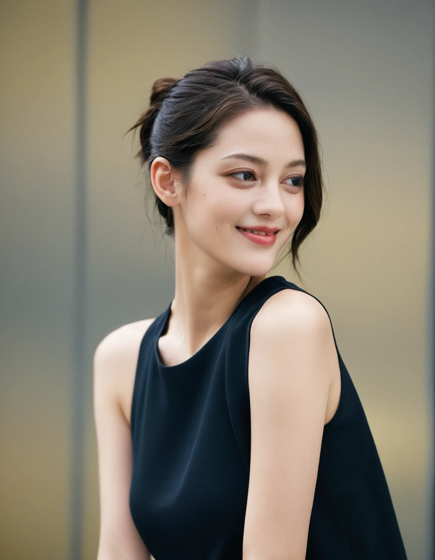 xxmixgirl, Upper body of a beautiful cute long face Japanese girl, happy smiling, still from the film, ((young Marion Cotillard face : 1.2)), ((young Anne Hathaway face: 1.0)), side shot, portrait photo of a cute 25 y.o woman, looks at viewer, full lips, natural skin, skin moles, stormy weather, (cinematic, film grain:1.1), ((asian winged eyes, very long and slender slim face, windy tousled, long straight black ponytail, cropped top)), Leica SL3, Summicron-SL 75mm ASPH, F/2, (cinematic still:1.2) Kodak Gold 200 film, bokeh, rim lighting, silhouette, shallowed depth of field, dynamic hands up,