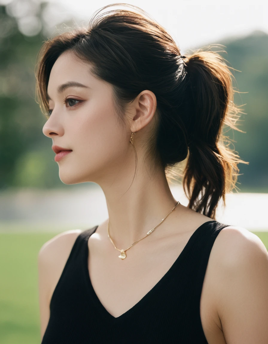 xxmixgirl, Upper body of a beautiful cute long face Japanese girl, happy smiling, still from the film, ((young Marion Cotillard face : 1.2)), ((young Anne Hathaway face: 1.0)), side shot, portrait photo of a cute 25 y.o woman, looks at viewer, full lips, natural skin, skin moles, stormy weather, (cinematic, film grain:1.1), ((asian winged eyes, very long and slender slim face, windy tousled, long straight black ponytail, cropped top)), Leica SL3, Summicron-SL 75mm ASPH, F/2, (cinematic still:1.2) Kodak Gold 200 film, bokeh, rim lighting, silhouette, shallowed depth of field, dynamic hands up,