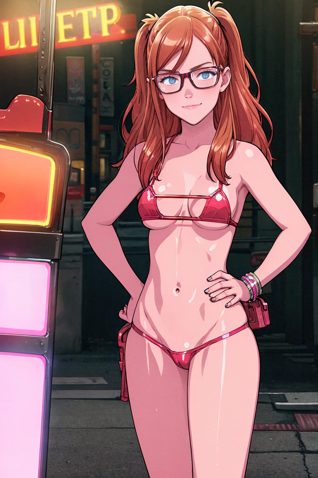masterpiece, best quality, (1girl:1.5), nice hips, slut, slutty bimbo clothes, medium breasts, smile, slut, young girl, shy girl, wide hips, microkini top, shorts, midriff, hip sway, slutty, (night), neon lights, redlight district, outside, road, thong, (street hooker:1.5), neon lights, detailed eyes, nighttime, thong, nightsky, cars, (solo), prostitution, offering sex, (both hands on hip), (ginger hair:1.5), ginger girl, shy, nerd girl, glasses,