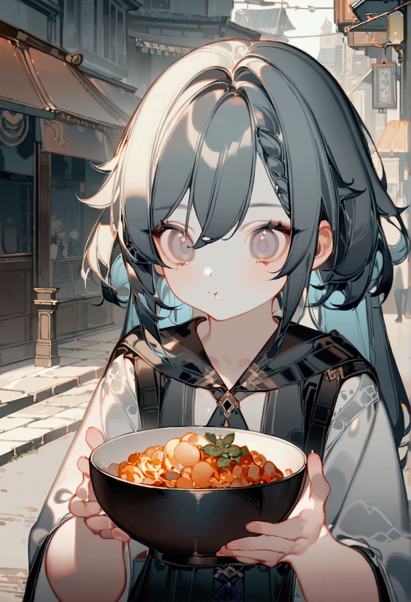 anime girl eating a bowl of food on a busy street, keqing from genshin impact, kawacy, zhongli from genshin impact, inspired by Pu Hua, digital anime illustration, anime visual of a cute girl, detailed digital anime art, bian lian, inspired by Lan Ying, artwork in the style of guweiz, by Yang J, official art, 4k very detailed, anime wallpaper, hd anime wallpaper, realistic image, ultra realism, perpfect detail.