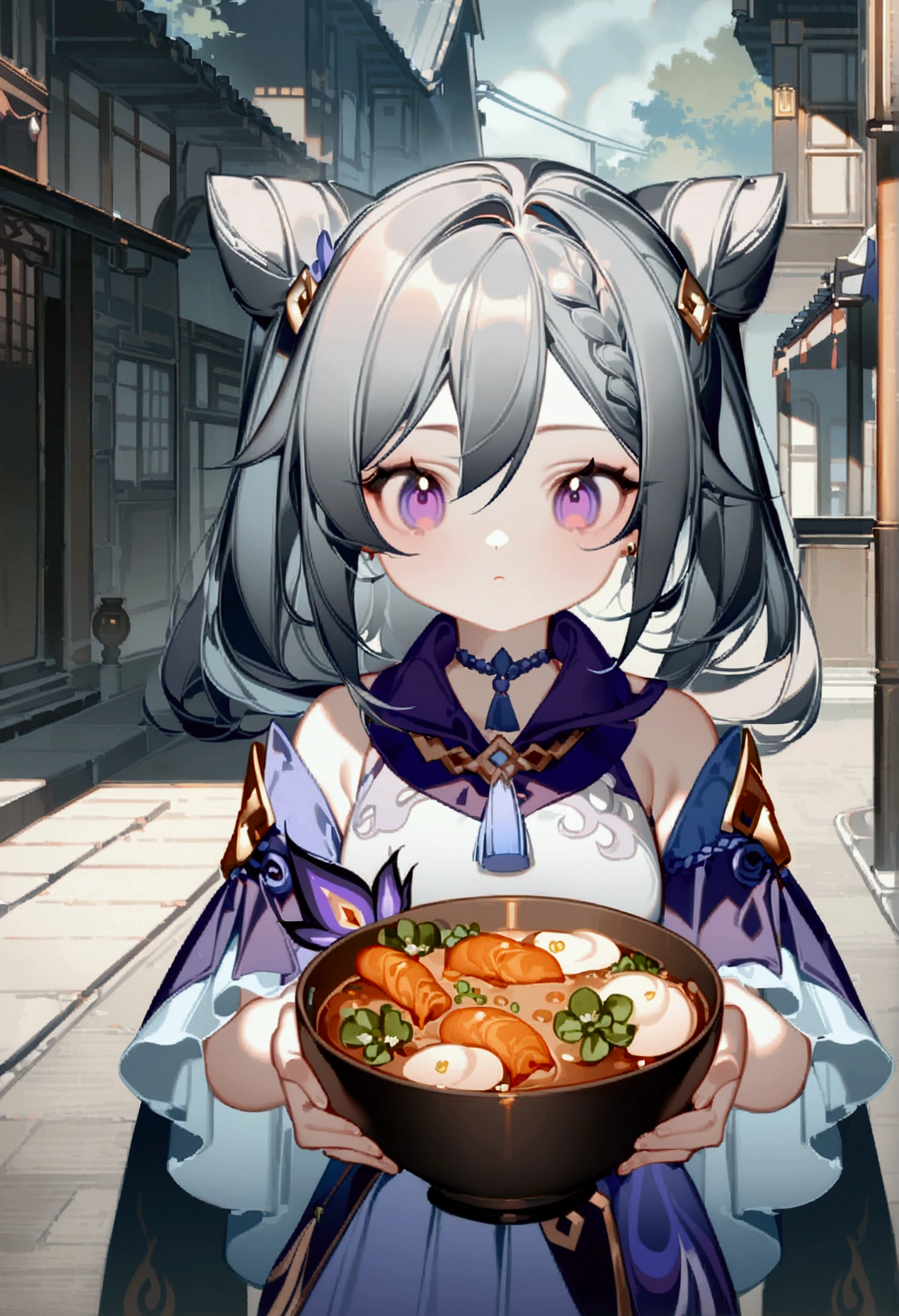 anime girl eating a bowl of food on a busy street, keqing from genshin impact, kawacy, zhongli from genshin impact, inspired by Pu Hua, digital anime illustration, anime visual of a cute girl, detailed digital anime art, bian lian, inspired by Lan Ying, artwork in the style of guweiz, by Yang J, official art, 4k very detailed, anime wallpaper, hd anime wallpaper, realistic image, ultra realism, perpfect detail.