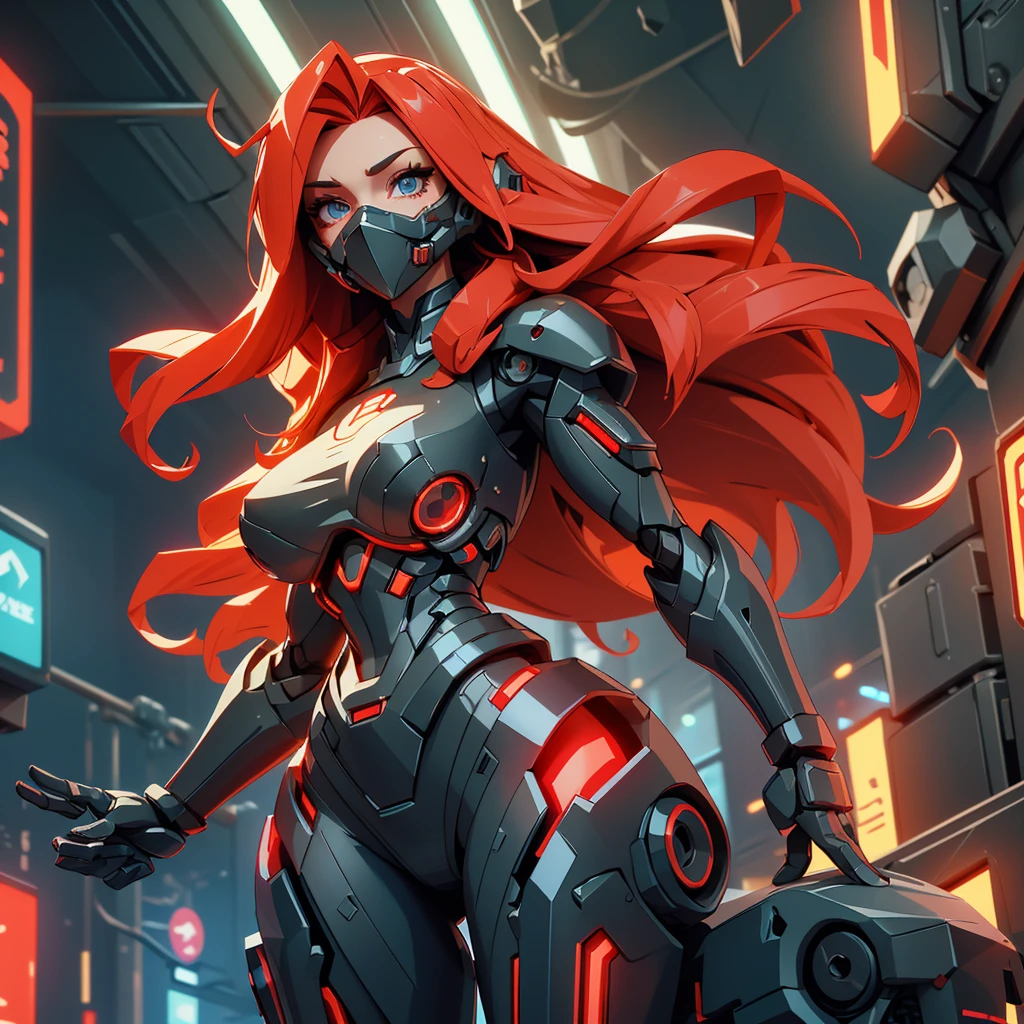 View from below, angle from below, flat horizon photo, Girl android , she has long red hair, she has a mask on her face, a respirator, a woman with sexy hips, half cyborg, technological modifications. Beautiful face, black metal cybernetic android robot body in black color, Large, wide hips, suit with red indicator lines with many red details, cybernetic armor with a red glow from under the joints and joints, she has blue eyes , frame with a flat horizon, Anime Style Photography , Red Lasers, black background Cyberpunk style, the camera films Her from below, lower angle of photography, image background, night city and red neon lights, red lamps, red lighting, red flashes in the background