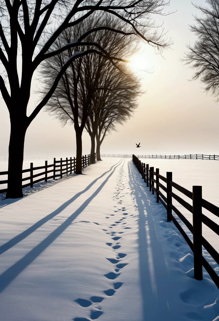 Light and shadow minimalist architecture（Scenery），There are silhouettes，a tree，Snow，Fence，There are birds，There is a trail，reality，HD Photography，32K