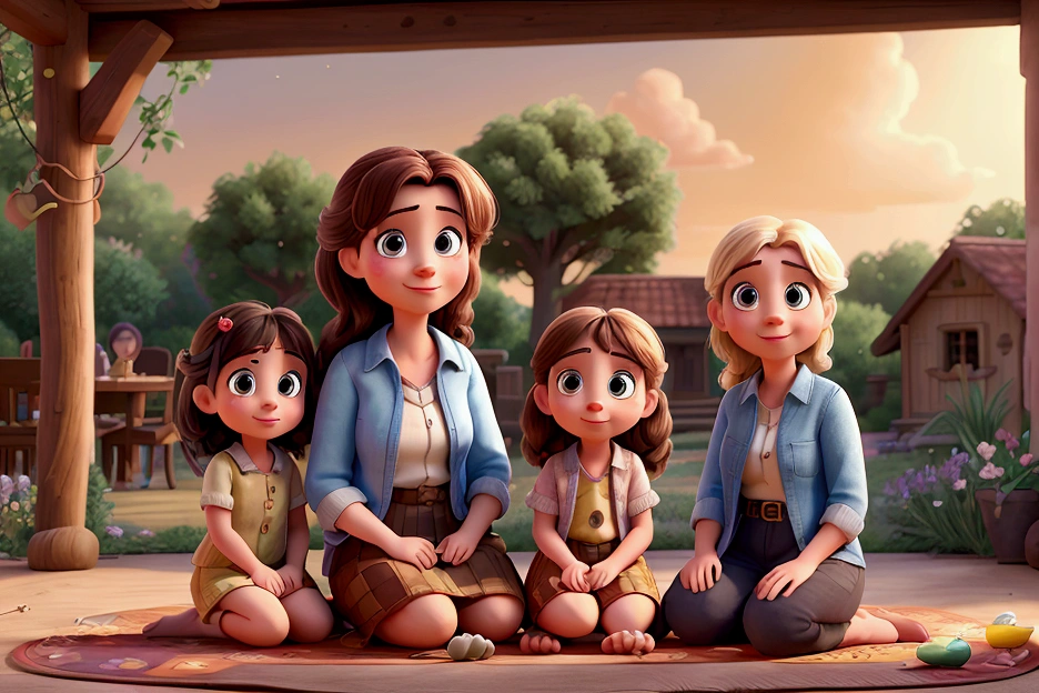 Illustration of a family consisting of a father, mother, and two girls, the eldest and the youngest, sitting on the floor on a beautiful rug, in a garden full of trees, colorful clothes, full of flowers, decorated with plants., Daylight, the colors are so beautiful, ideas. The girl is right in the middle of the scene, smile and show your connection. Develop this art in full HD, Focus on your cinematic touch, Disney Pixar animation style