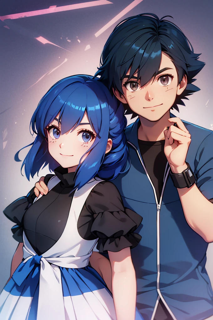 good quality,duo, 1 girl (dawn, by the wide ,blue hair,blue eyes,dress ) 1 man (Ketchum ash, black fur,Brown eyes,shirt), couple,smiling,pokemon