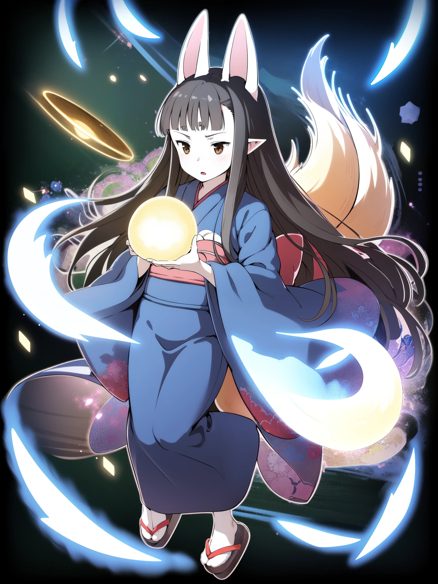 Hasaha_adult, 1girl, young_teen, soro, brown eyes, animal ears, black hair, pointy ears, long hair, fox ears, bangs, blunt bangs, forest, sky, full body,
japanese clothes, kimono, tail, blue kimono, fox tail, crystal ball,
masterpiece, high quality, very_high_resolution, large_filesize, full color,