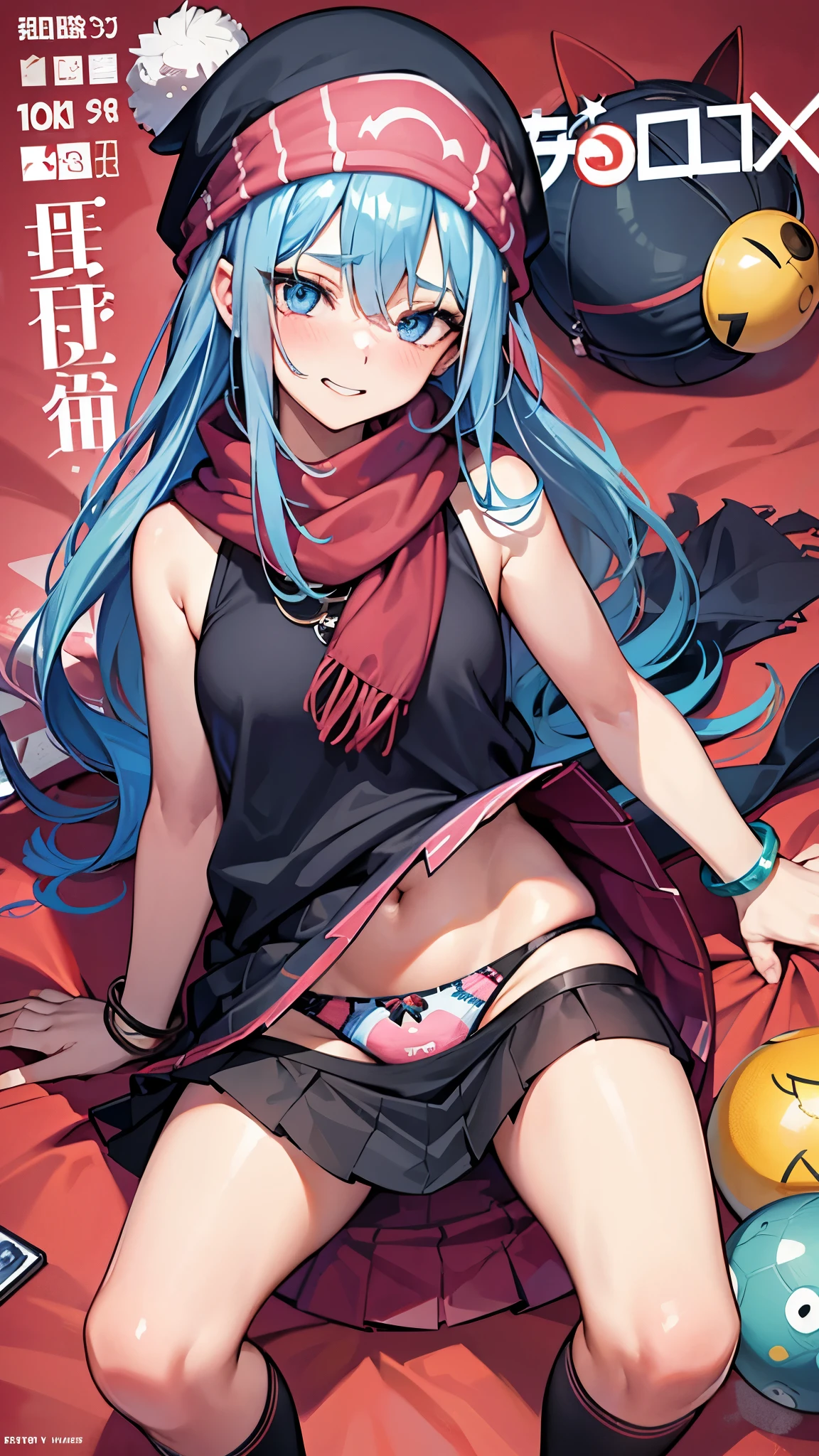 zzDawn, blue hair, blue eyes, sidelocks, long hair,, zzDawn, blue hair, blue eyes, sidelocks, long hair, bare shoulders, beanie, black shirt, black socks, bracelet, hat, jewelry, kneehighs, miniskirt, pink skirt, red scarf, scarf, shirt, skirt, sleeveless, sleeveless shirt, white headwear, printed panties, upskirt, skirt lift, panties with pokeball patterns, grinning, wink, magazine cover