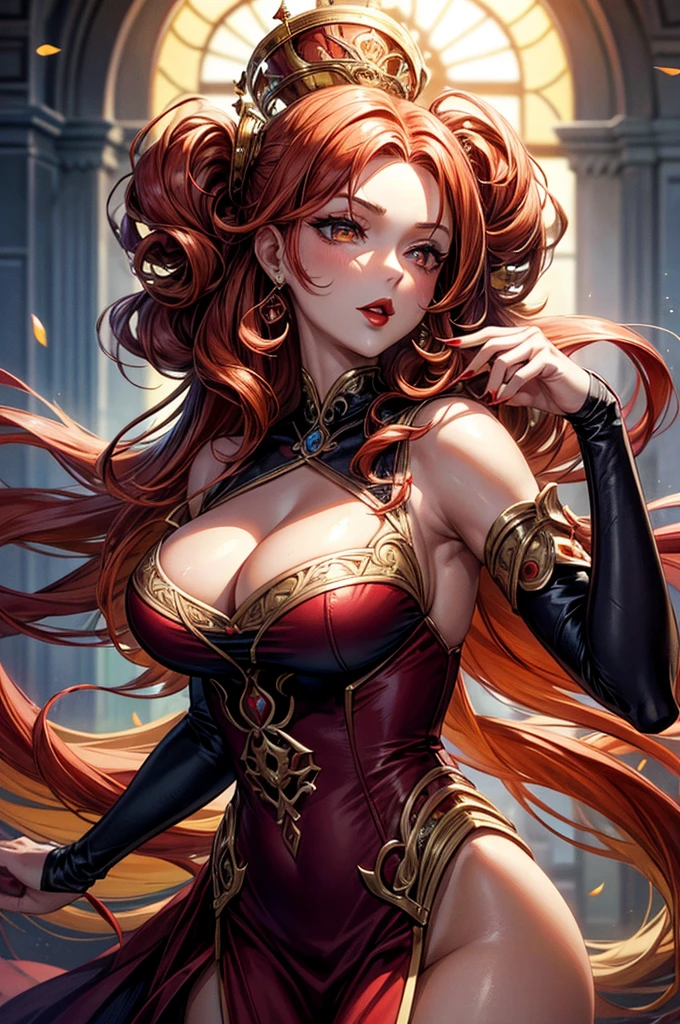 highest quality, ultra high resolution, super detailed, gorgeous, masterpiece, best quality, high resolution finely detailed, extremely beautiful, distinct image, glistening caramel brown skin, piercing golden eyes, curly fiery red hair, slender alluring older woman, 40 years old, elegant long empress dress, (((MILF))), 1 woman, solo, sharp facial features, empress like aura and majesty, symmetrical shaped face, fiery red lips, medium height(174cm), slender and thick, toned body type, Gothic modern city setting