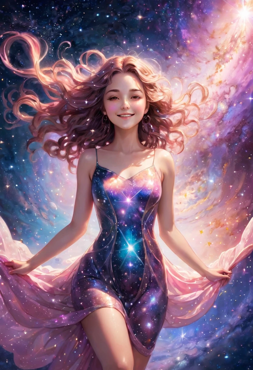 A beautiful woman floating in the vastness of space. She is wearing a glittering galaxy-colored dress. A background of sparkling stars and a beautiful galaxy. She is at the center of the universe, surrounded by a soft and gentle pink light. She is depicted relaxing, the light of love spreading throughout her body, and feeling a deep sense of peace. Her expression is calm and smiling. holding infinity symbol in hand