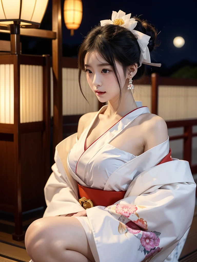 Japanese Beautiful Girl、kimono、Traditional costumes、Clothes falling apart、breast、白いshoulder、White Chest、White skin、squat、Chest、Chestの広くあいた服、shoulder、White Arms、Earrings、青いkimono、Spread the collar、Prostitute、Night work、
