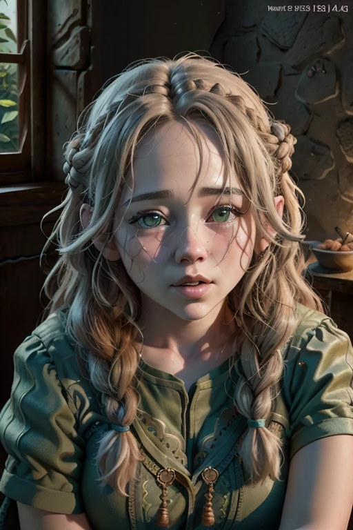 a chubby female dwarf druid with long braided blonde hair, vibrant green eyes, rosy cheeks, comic style rendering, close-up portrait, intricate details, delicate facial features, ornate clothing, nature elements, warm color palette, dramatic lighting, (best quality,4k,8k,highres,masterpiece:1.2),ultra-detailed,(realistic,photorealistic,photo-realistic:1.37),cinematic composition,digital painting
