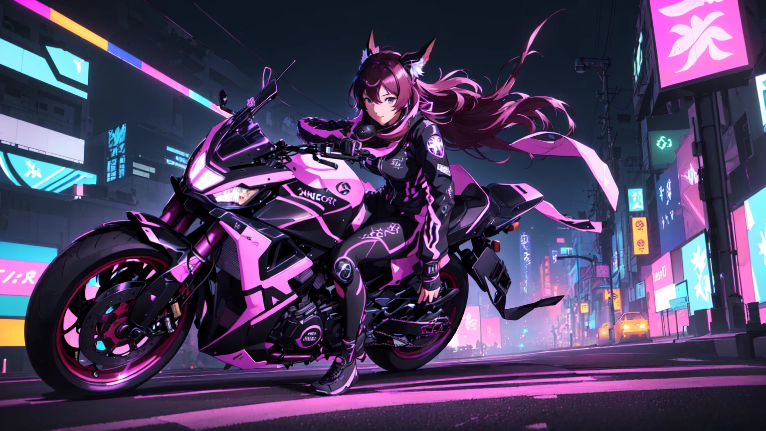 masterpiece, best quality, (extremely detailed CG unity 8k wallpaper), (best quality), (best illustration), (best shadow), absurdres, realistic lighting, (Abyss), beautiful detailed glow, art by PeterMohrBacher, chica anime en una motocicleta en una ciudad por la noche, anime rudo 8k, estilo anime 4k, fondo de pantalla de arte anime 8 K, fondo de pantalla animado 4k, fondo de pantalla animado 4k, Fondo de pantalla animado 4K, fondo de pantalla de arte anime 4k, Fondo de pantalla de arte anime 4K, anime ciberpunk, Fondo de pantalla de anime ultra HD, mejor fondo de pantalla de anime 4k konachan