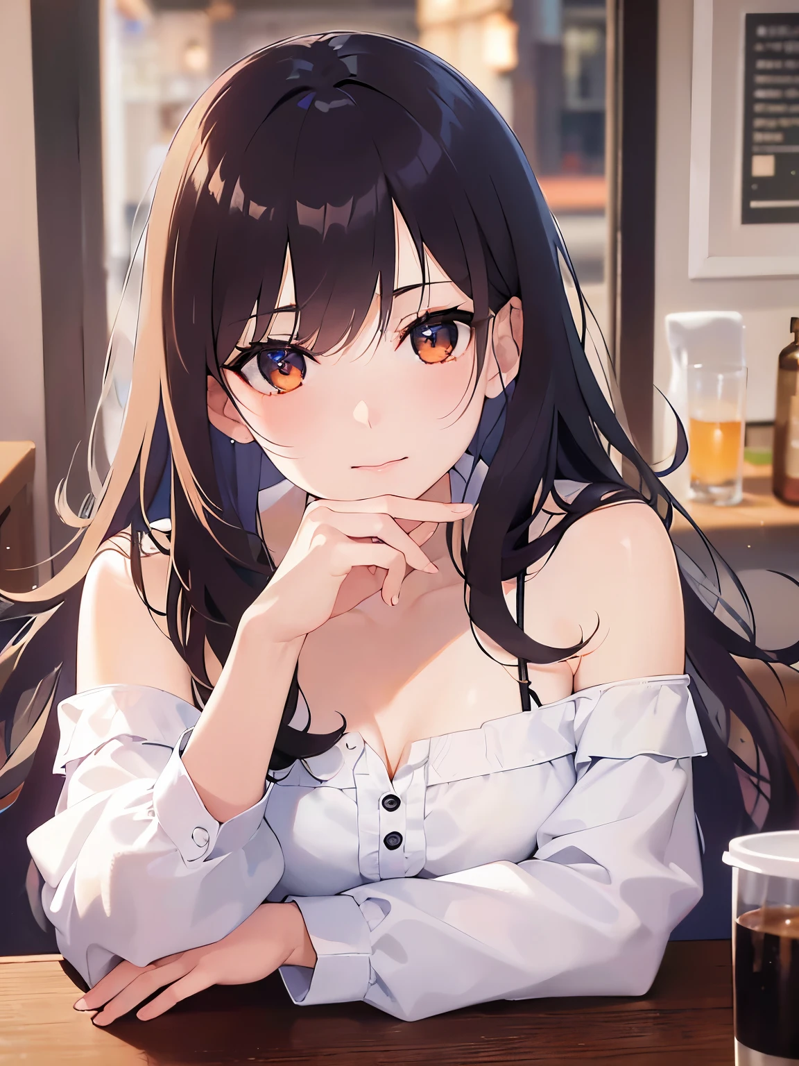 Shooting from above,Detailed CG,Ultra-fine illustrations,masterpiece,Highest quality,BREAK(white:1.5) and (off shoulder blouse)BREAK,Realistic,Real person,RAW Photos,Realistic(Pale skin:1.2),Glowing Skin,Shiny Hair,(A 26-year-old woman with medium-length hair and bangs)and(Wavy Hair)and(Brown Hair)and(Orange eyes),(blush),(Sexy expression),(upturned eyes),The background is Inside the coffee shop,Alone,(hand on own chin:1.5),(Biologically correct5Finger)