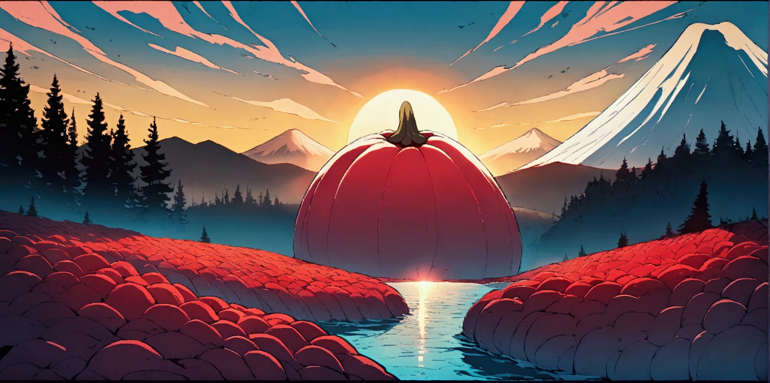ultra wide landscape flooded with light moebius style, giant Red chilis, large tomato, sun, mt hood, waterfall, forest