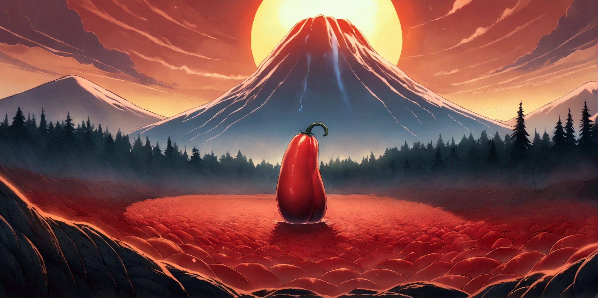 ultra wide landscape flooded with light moebius style, giant Red chilis, large tomato, sun, mt hood, waterfall, forest