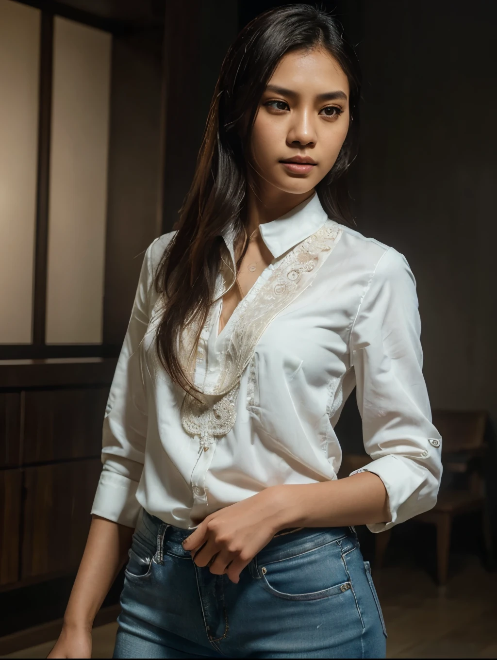 A young indonesian woman, beautiful, blouse shirt, skinny jeans. best quality, realistic, photorealistic, (intricate detail: 1.2), (fine detail), (cinematic light), clear lines, sharp focus, realistic face, detailed face, unity 8k wallpaper, very high resolution, (photorealistic: 1.4), He was looking at the audience