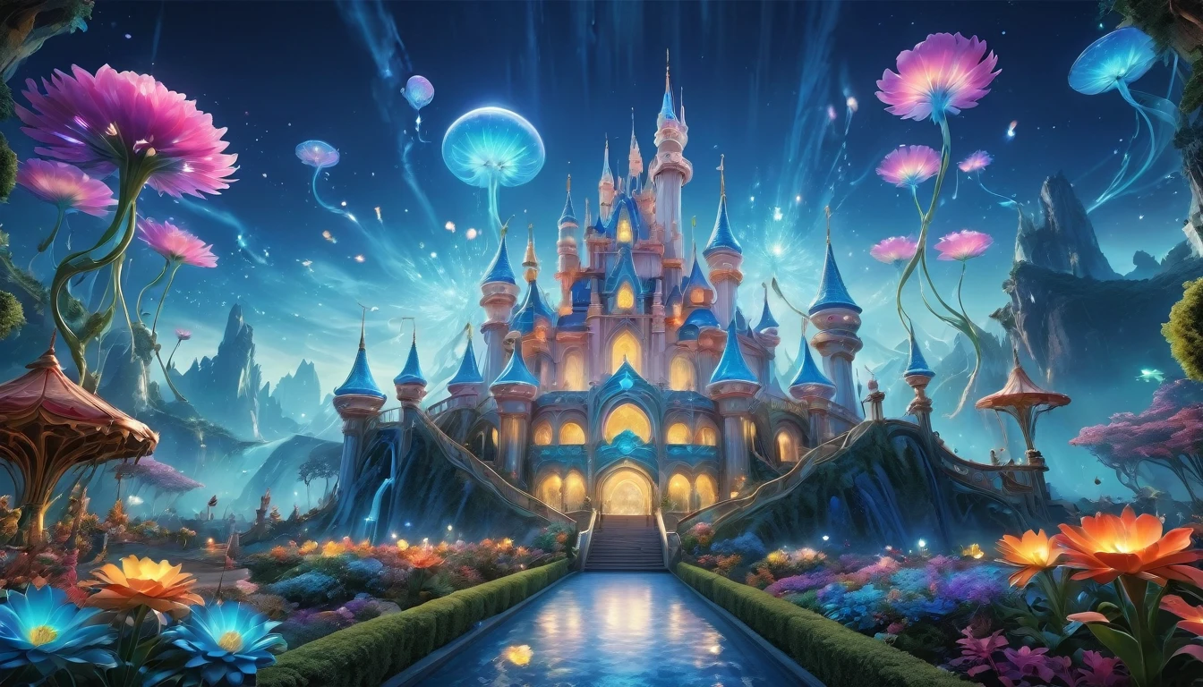 amusement park,There is a big light blue castle,Surreal and exotic landscapes,Beautiful everywhere、Vibrant、colorful。On the screen々Strange alien flowers of all shapes and sizes are projected。Best image quality,Resolution is 4K or 8K,Capture every detail perfectly。The pictures are very detailed,Presented in a realistic way,Delivering a truly immersive experience。This work combines illustration techniques with 3D rendering..,Visually stunning、A work of excellent craftsmanship。Bright colors,Enhance the surreal atmosphere of the landscape。The lighting design is very detailed,Expressing complex changes in light and shadow,Add layers and depth to your scenes。This work arouses curiosity and awe in the viewer.。.。,Take your audience into a magical, surreal world,Where natural beauty takes on a whole new meaning。