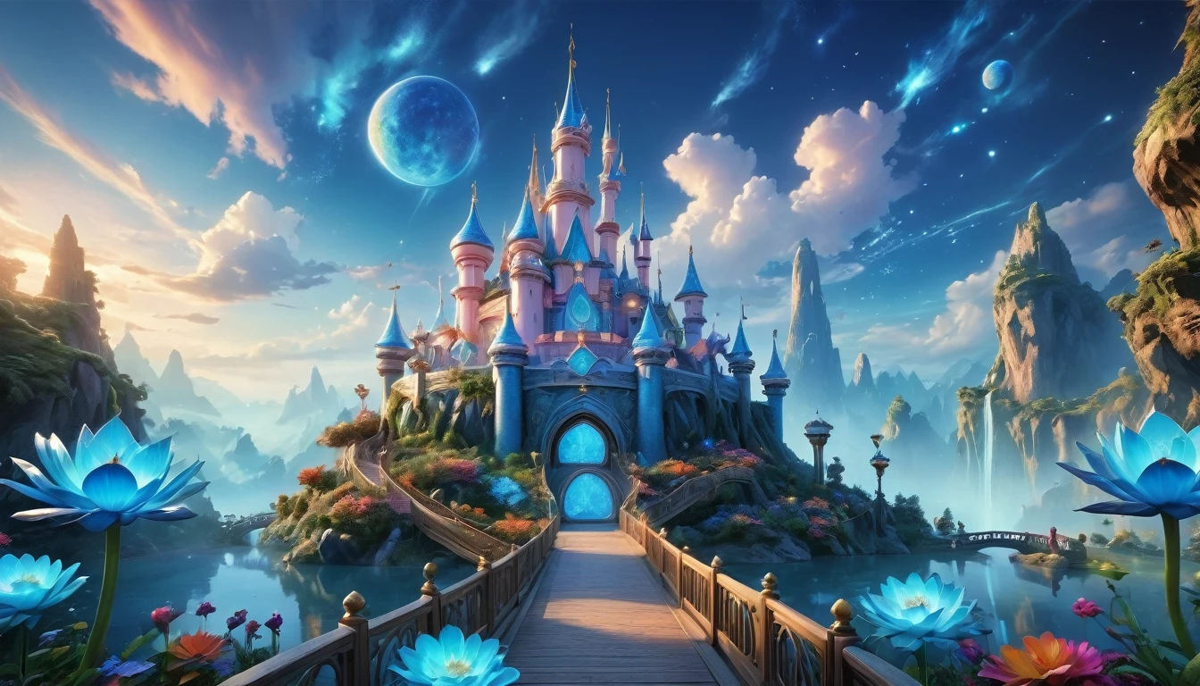 amusement park,There is a big light blue castle,Surreal and exotic landscapes,Beautiful everywhere、Vibrant、colorful。On the screen々Strange alien flowers of all shapes and sizes are projected。Best image quality,Resolution is 4K or 8K,Capture every detail perfectly。The pictures are very detailed,Presented in a realistic way,Delivering a truly immersive experience。This work combines illustration techniques with 3D rendering..,Visually stunning、A work of excellent craftsmanship。Bright colors,Enhance the surreal atmosphere of the landscape。The lighting design is very detailed,Expressing complex changes in light and shadow,Add layers and depth to your scenes。This work arouses curiosity and awe in the viewer.。.。,Take your audience into a magical, surreal world,Where natural beauty takes on a whole new meaning。