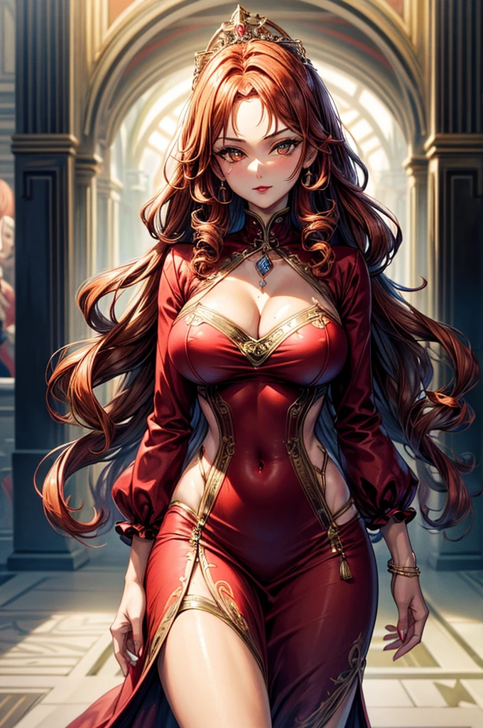 highest quality, ultra high resolution, super detailed, gorgeous, masterpiece, best quality, high resolution finely detailed, extremely beautiful, distinct image, glistening caramel brown skin, piercing golden eyes, curly fiery red hair, slender alluring older woman, 40 years old, elegant long empress dress, (((MILF))), 1 woman, solo, sharp facial features, empress like aura and majesty, symmetrical shaped face, fiery red lips, medium height(174cm), slender and thick, toned body type, Gothic modern city setting