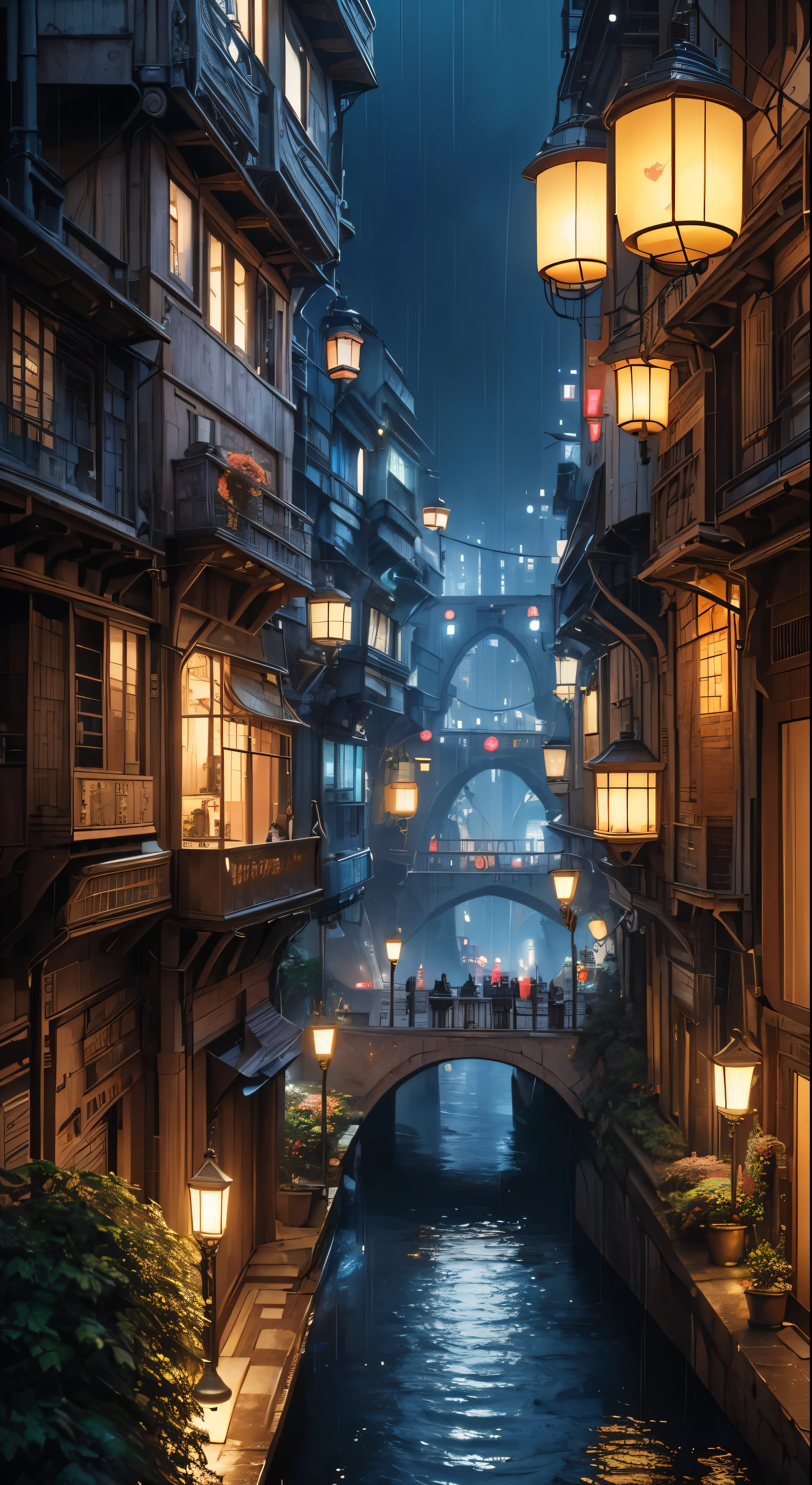 ((masterpiece)),((best quality)),((high detail)),((realistic,)) Futurist era city, deep gorges in the middle, architectural streets, bazaars, bridges, cyberpunk, European architecture, rainy night, neon, futuristic motorcycle