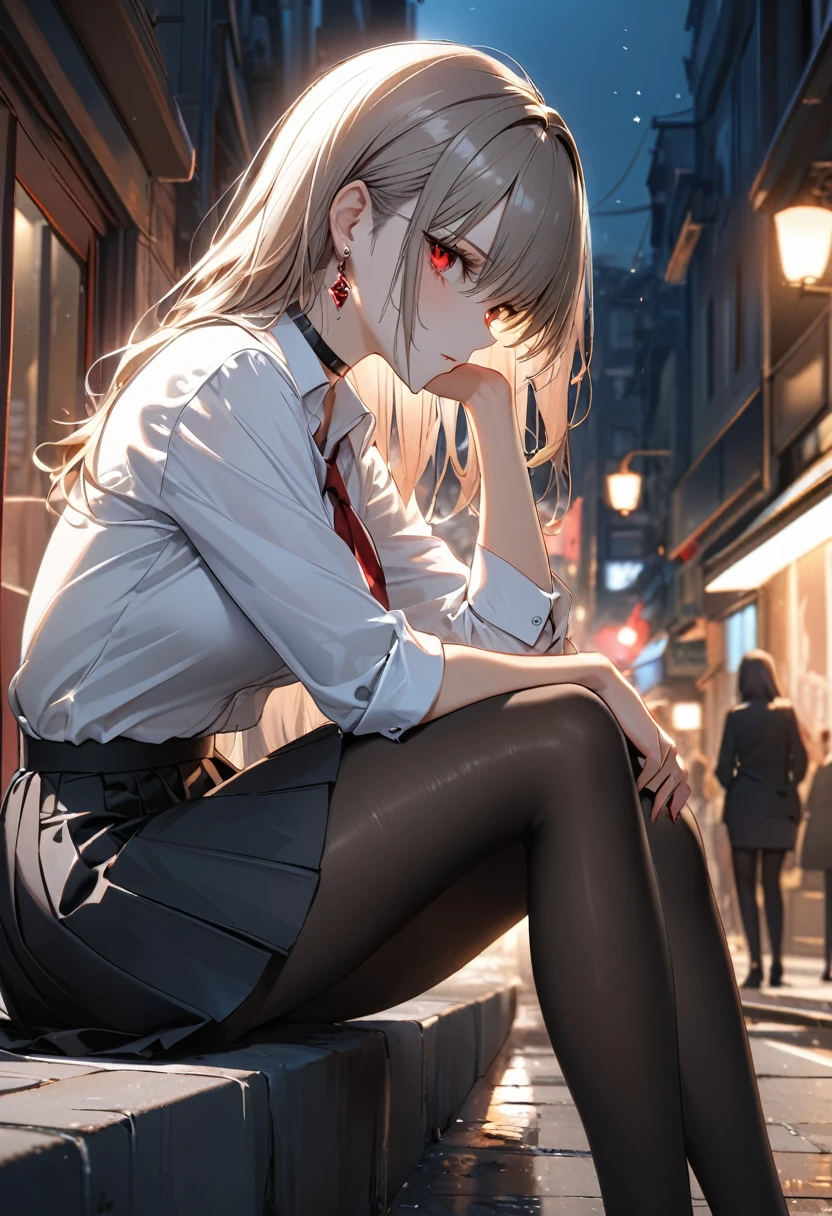 best quality, super_delicate, super delicate eyes, ultra detailed, beautiful, 8k , 1girl, red eyes, evil, facial profile, street, sitting, business shirt, skirt, earrings, choker, black tights, nikke, night