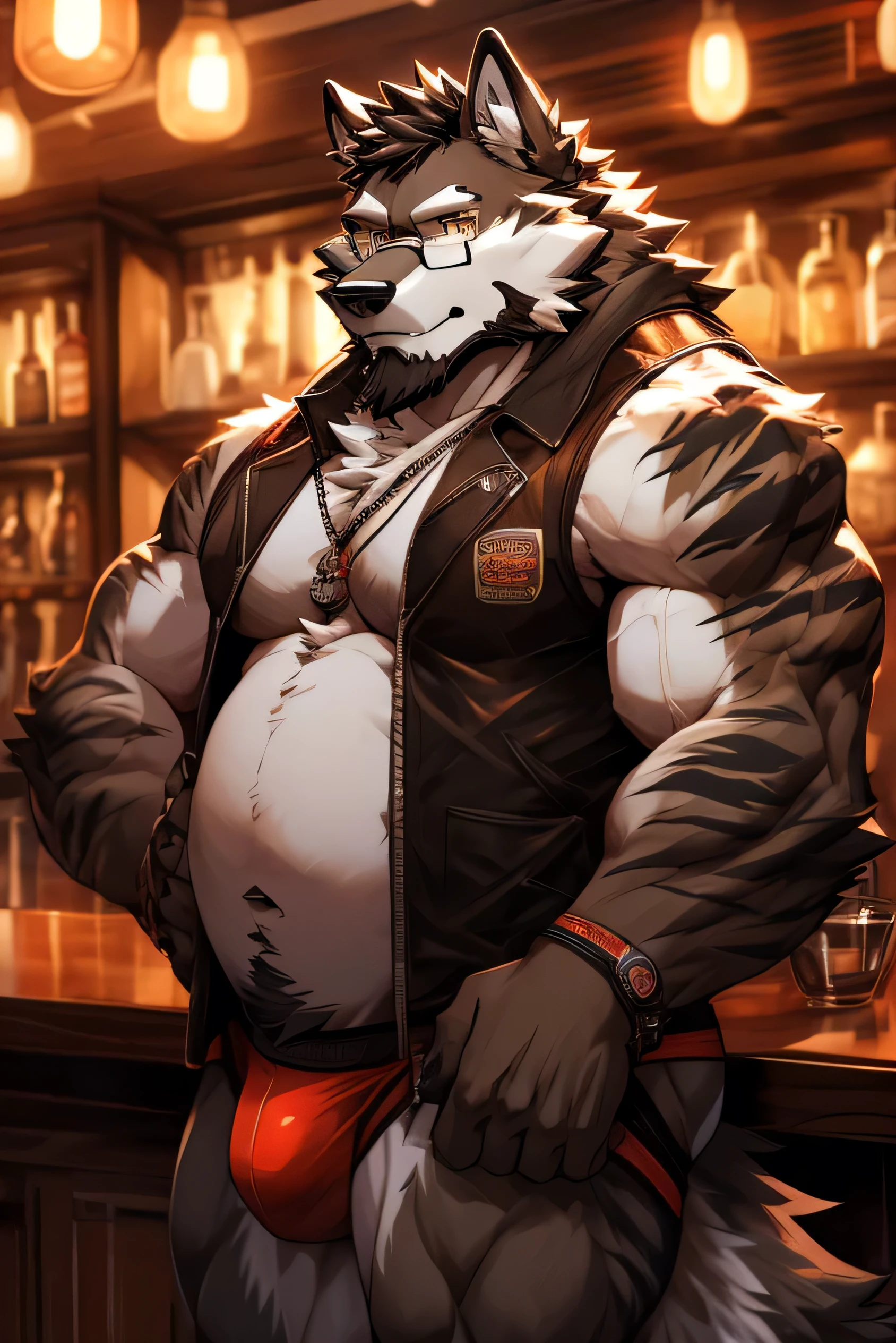 alone, fat muscular man, belly, furry wolf (dark brown fur), thin haircut (white color), thick beard (black color), amber eyes, ((red beard)), ((glasses)), stripes on arms (black color), white belly, furry, wolf tail, wolf ear, vest, no shirt, jockstrap, bartender, behind a bar counter,